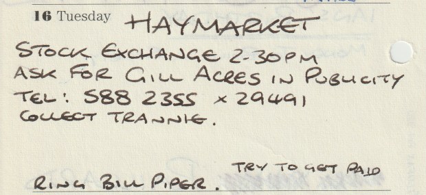 A snippet from my 1986 Filofax diary showing the details of the job that went on to be my first colour magazine front page.