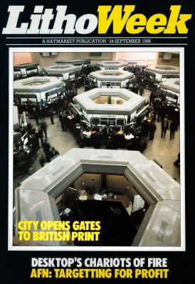Cover of LithoWeek magazine from September 24, 1986, featuring an aerial view of a printing trade show with multiple booths and attendees.